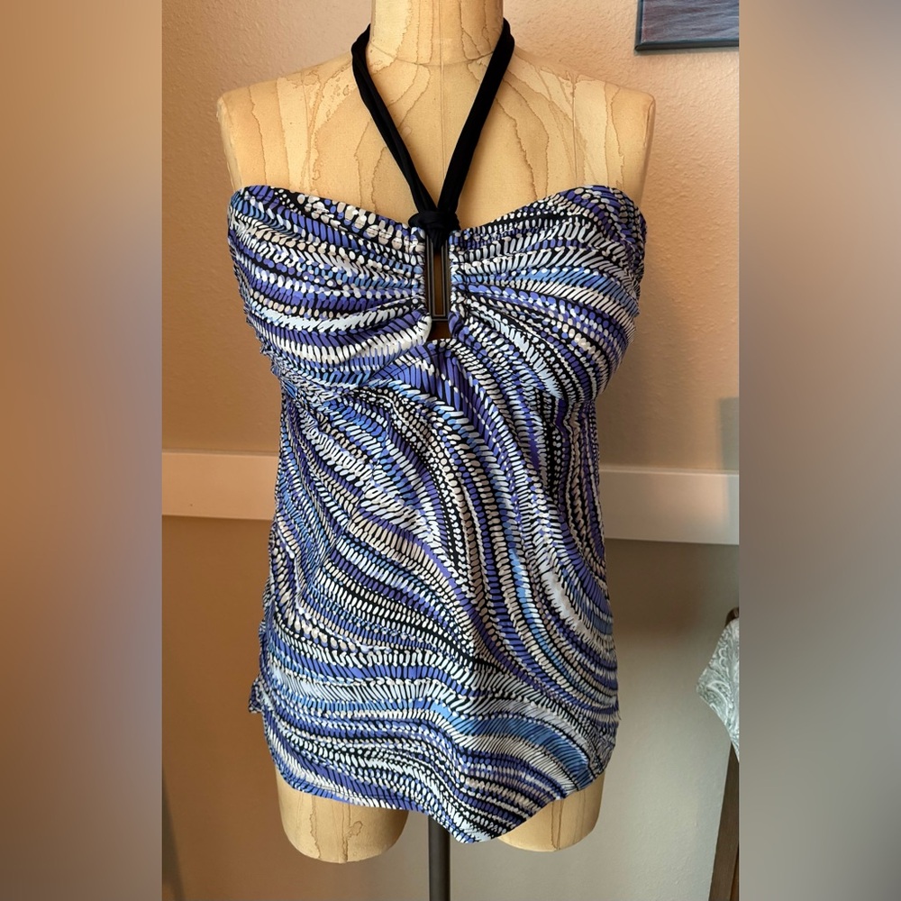 Dana Buchman Black & Blue Patterned Halter Top Tankini Bathing Suit Top, size 12